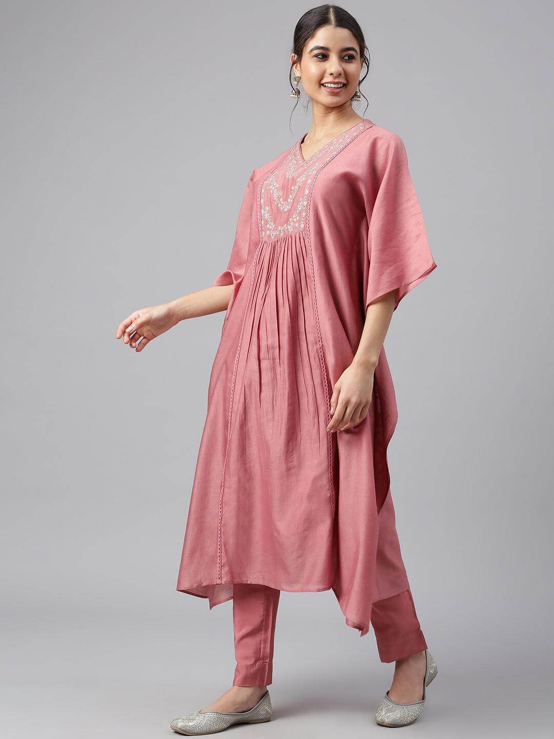 Rose Red Polyester Solid Kurta With Pant