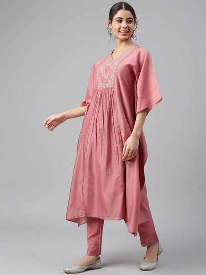 Rose Red Polyester Solid Kurta With Pant