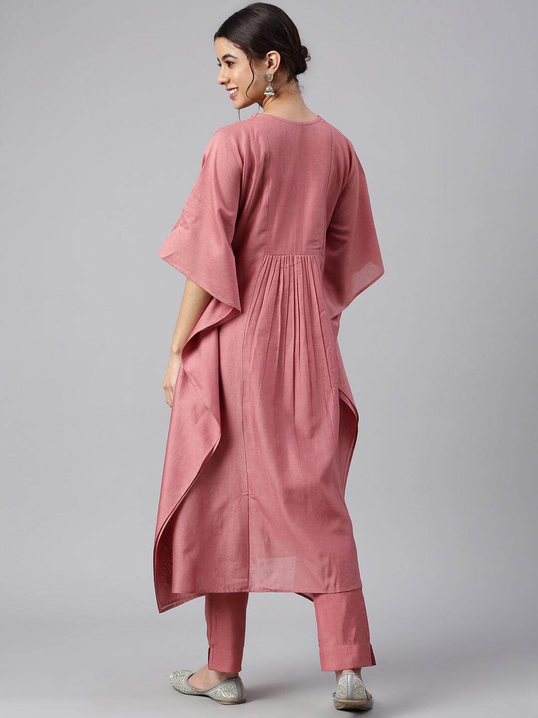 Rose Red Polyester Solid Kurta With Pant