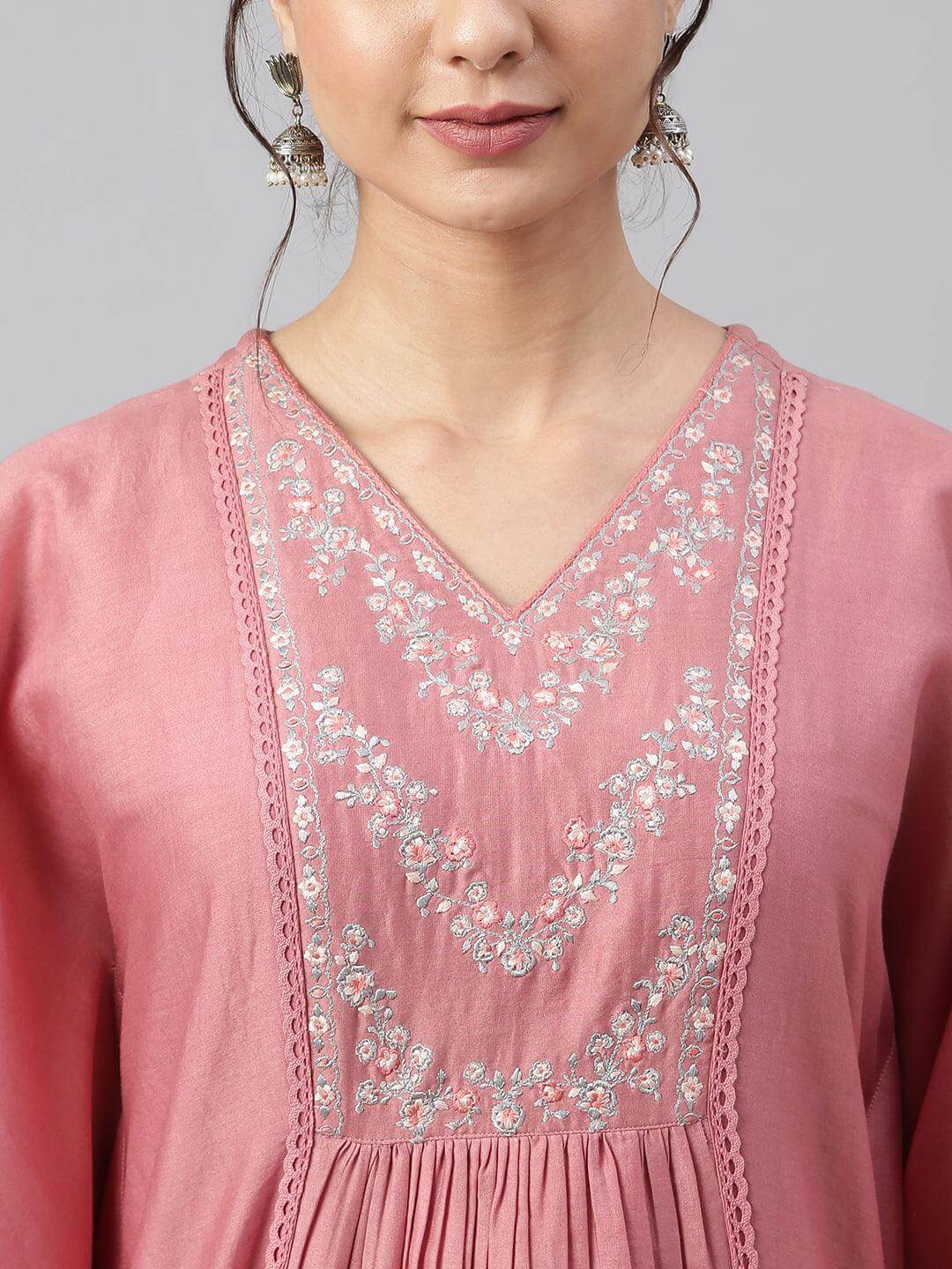 Rose Red Polyester Solid Kurta With Pant