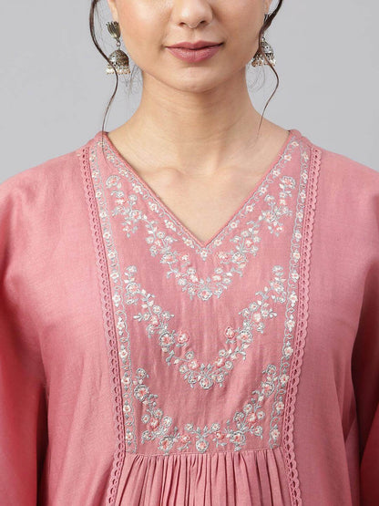 Rose Red Polyester Solid Kurta With Pant