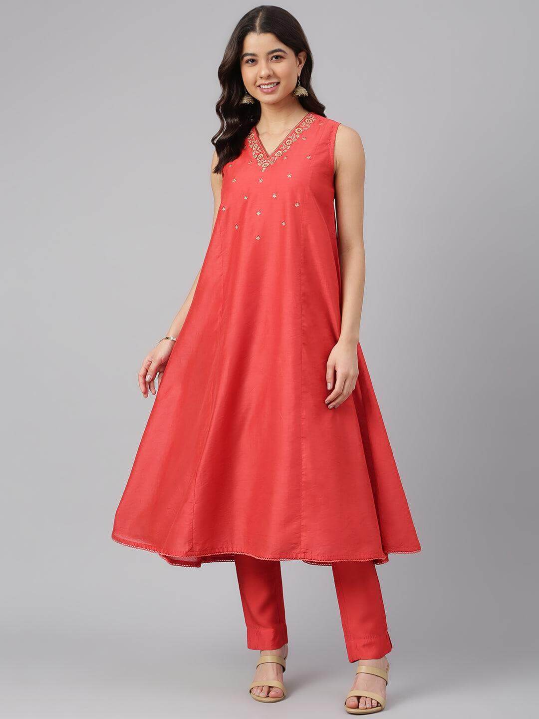 Red Art Silk Solid Kurta With Pant