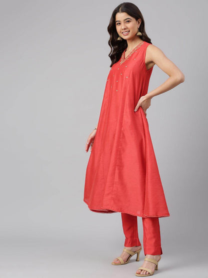 Red Art Silk Solid Kurta With Pant