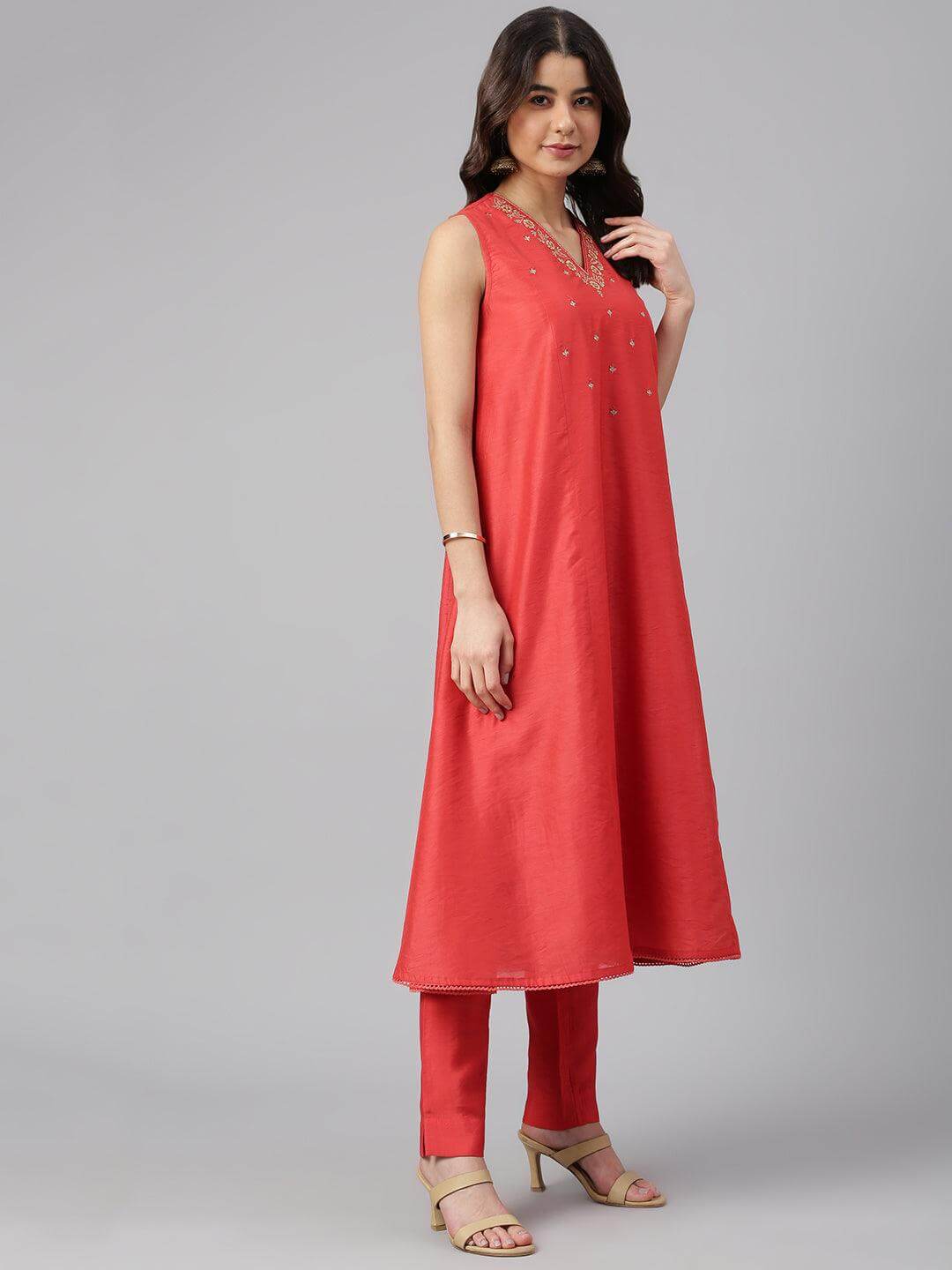 Red Art Silk Solid Kurta With Pant