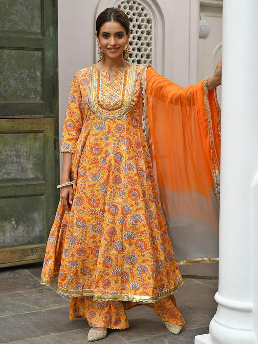 Mustard Cotton Embroidered Kurta With Palazzo And Dupatta