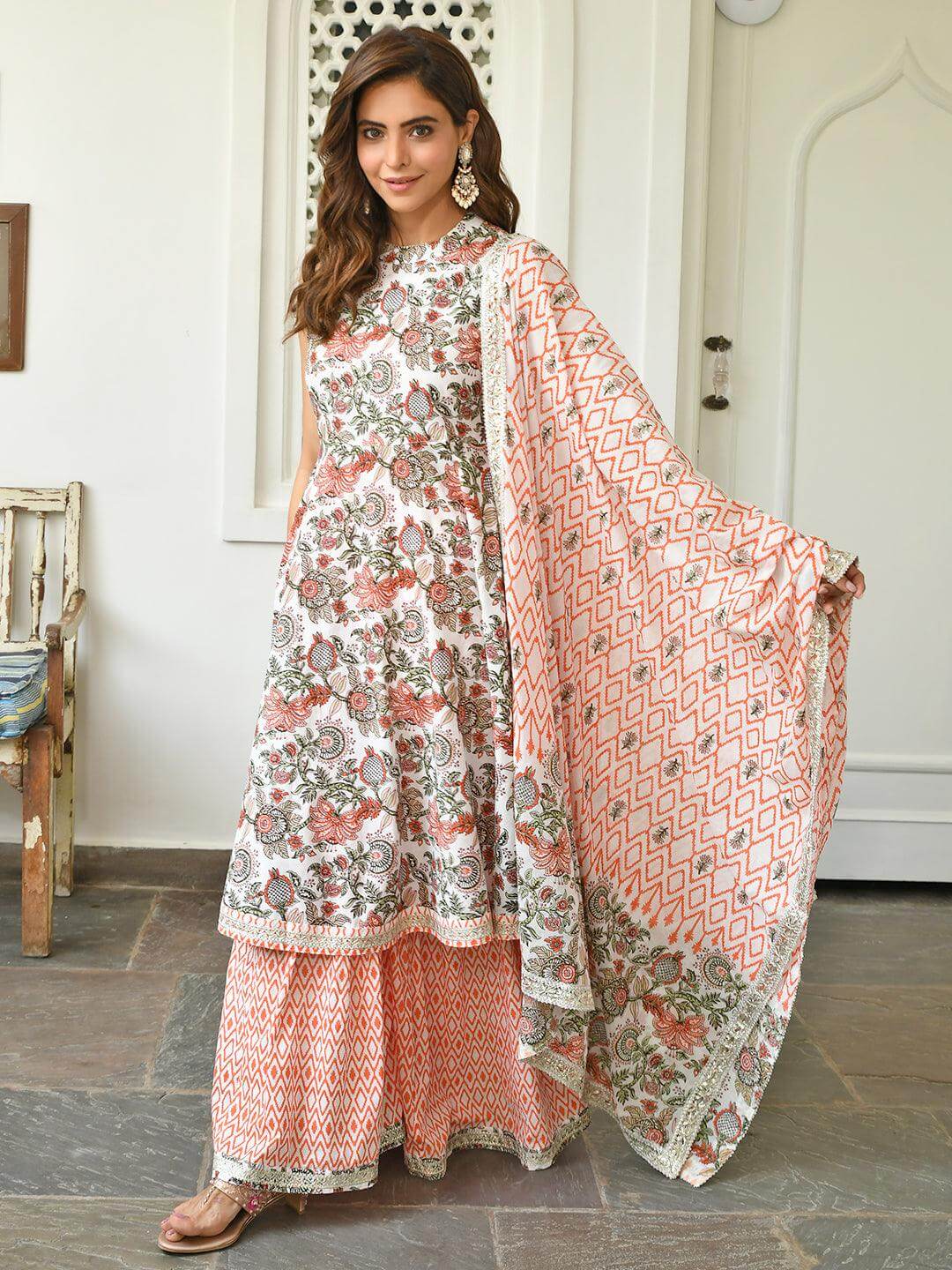 White Cotton Floral Block Print Kurta With Sharara And Dupatta Silae
