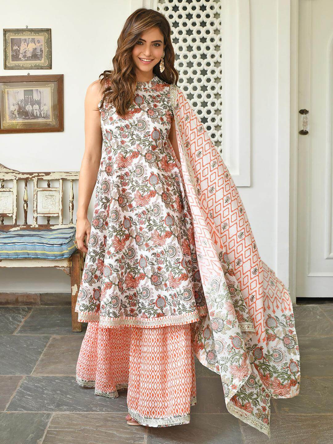 White Cotton Floral Block Print Kurta With Sharara And Dupatta Silae
