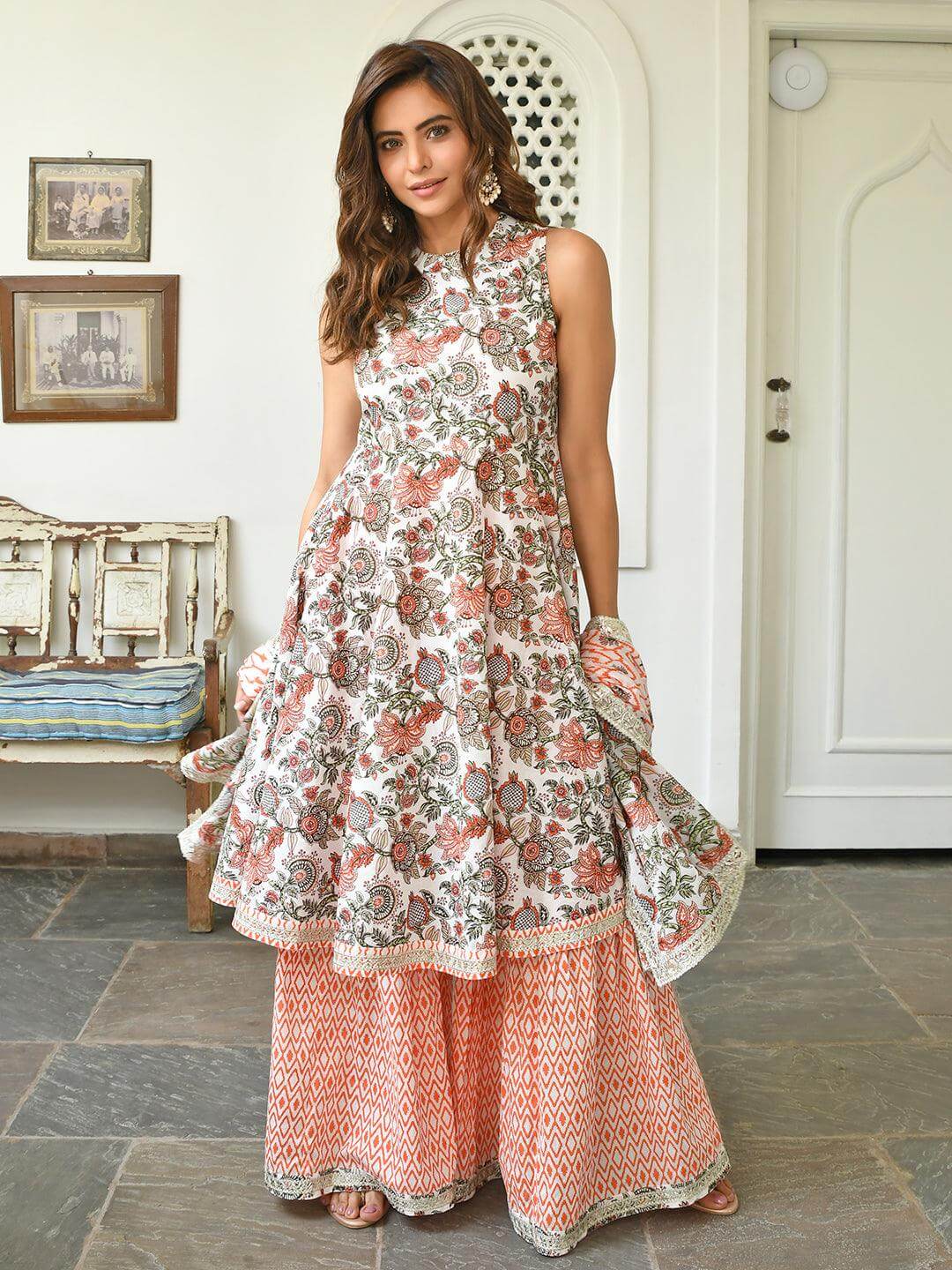 White Cotton Floral Block Print Kurta With Sharara And Dupatta Silae