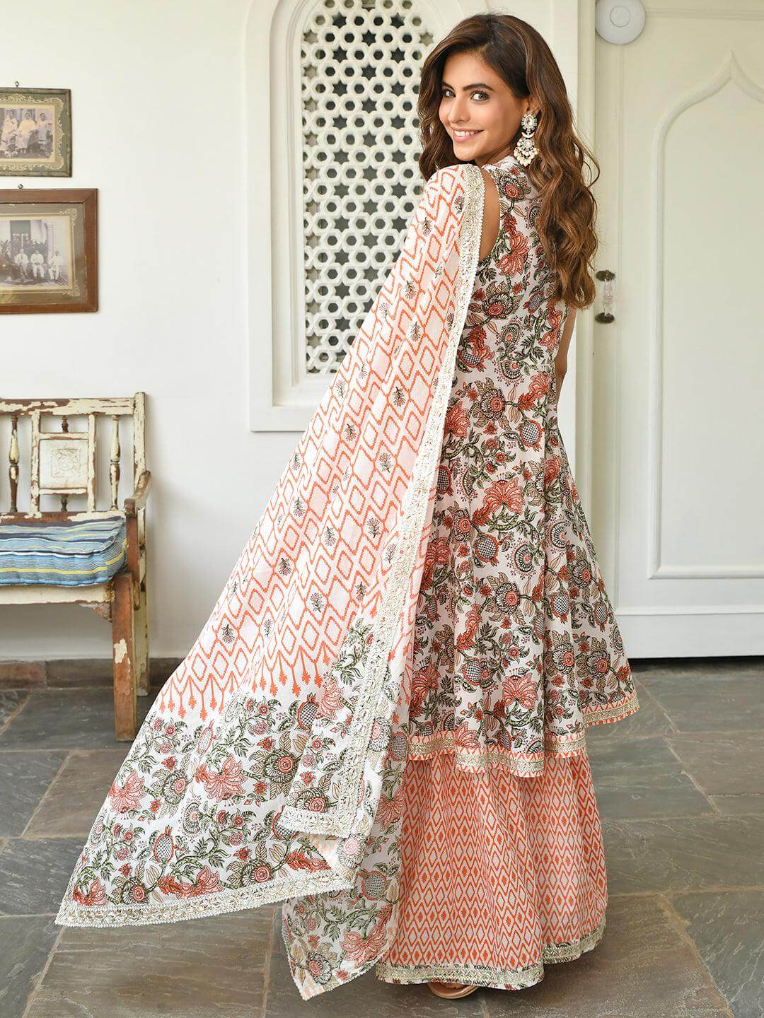 White Cotton Floral Block Print Kurta With Sharara And Dupatta Silae
