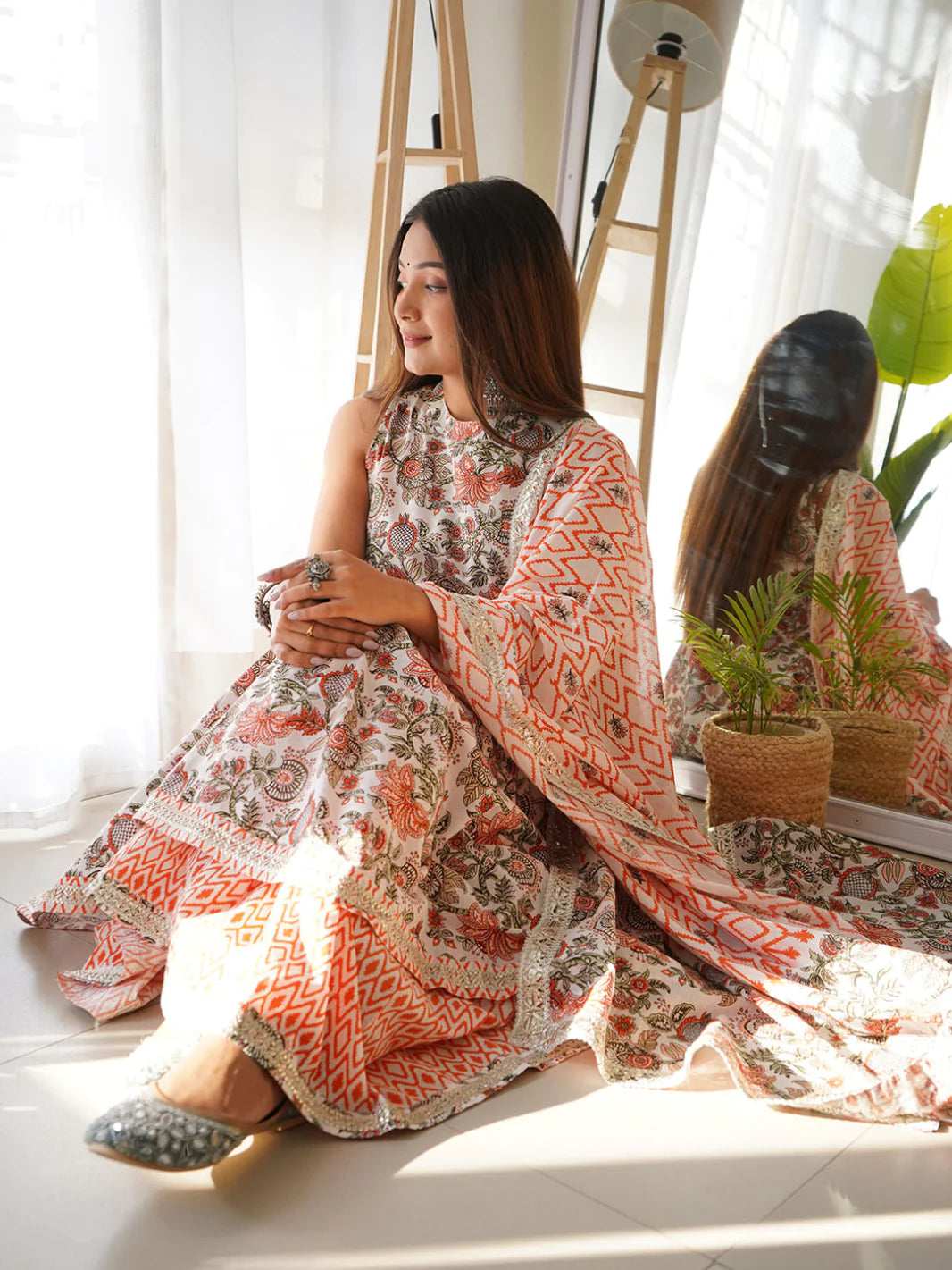 White Cotton Floral Block Print Kurta With Sharara And Dupatta Silae