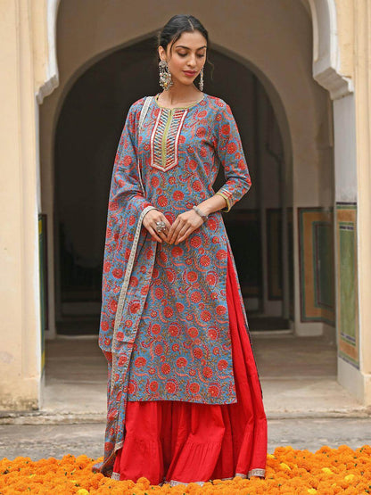 Sky Blue Cotton Floral Block Print Kurta With Gharara And Dupatta