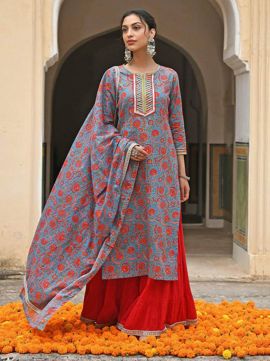Sky Blue Cotton Floral Block Print Kurta With Gharara And Dupatta