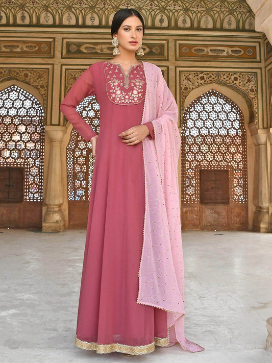 Old Rose Georgette Embroidered Kurta With Dupatta Silae