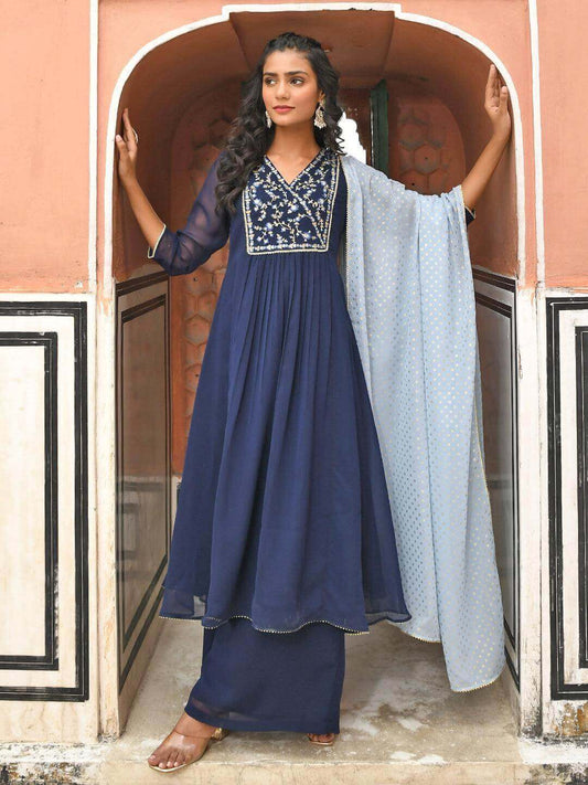 Navy Blue Georgette Floral Embroidery Kurta With Flared Palazzo And Dupatta Silae