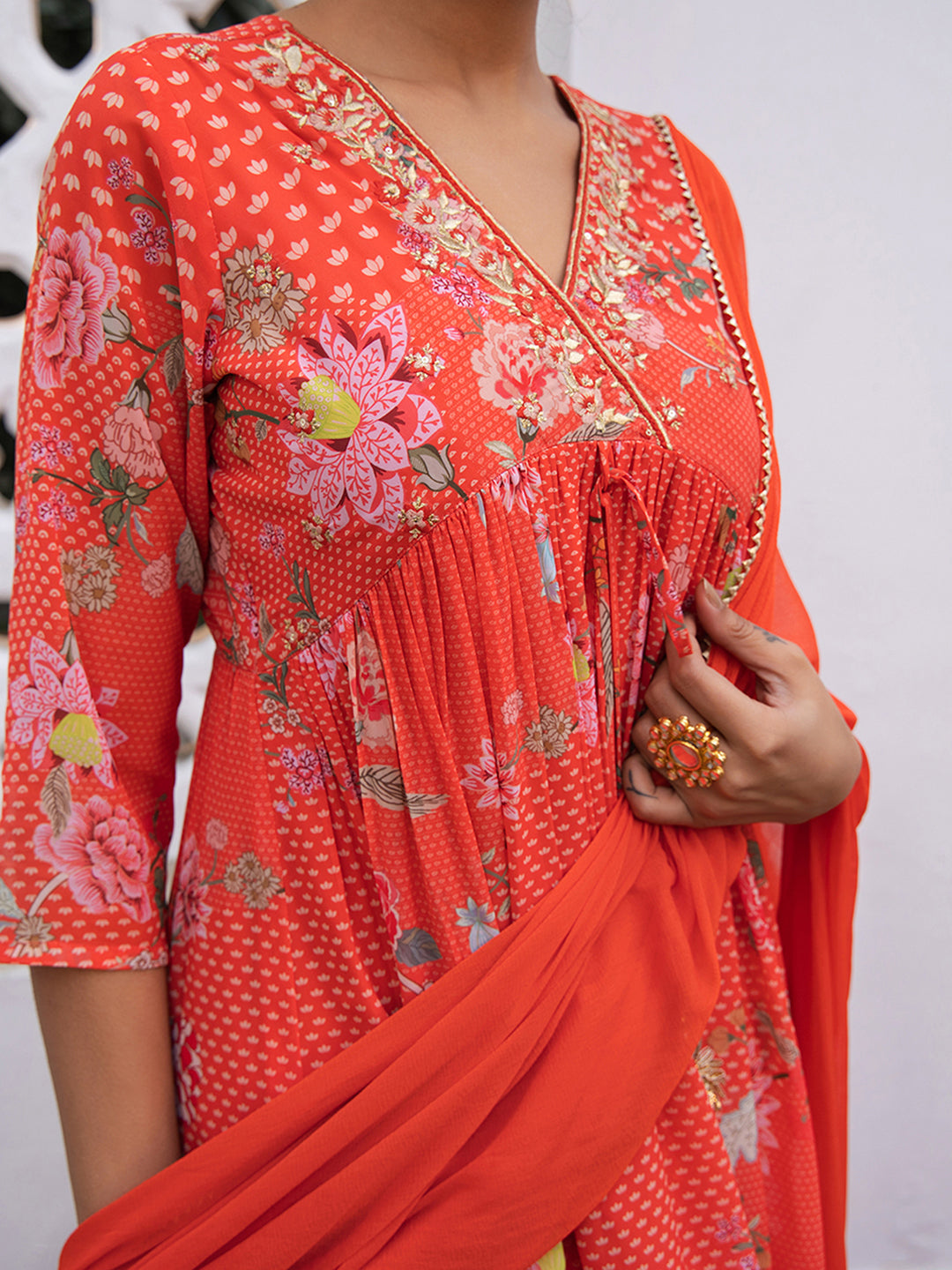 Red Georgette Yoke Embroidery Gathered Kurta Set