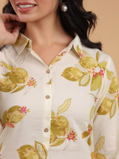 Cream Pure Cotton Floral Printed Button Down Shirt Style Kurta Set