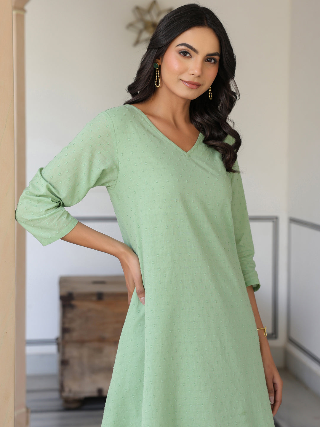 Green Dobby Pure Cotton Self Design A-line Kurta With Cullote Pant Set