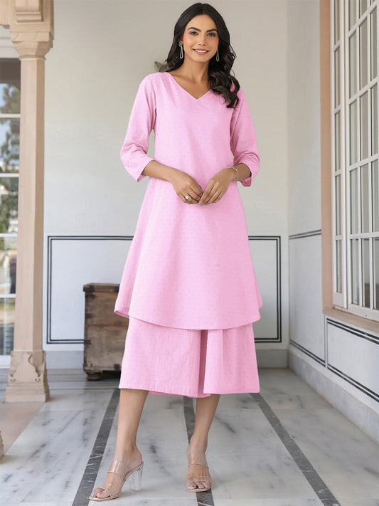 Pink Dobby Pure Cotton Self Design A-line Kurta With Culotte Pant Set