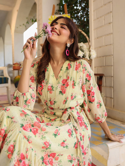 Light Yellow Georgette Floral Printed Fit & Flare Dress