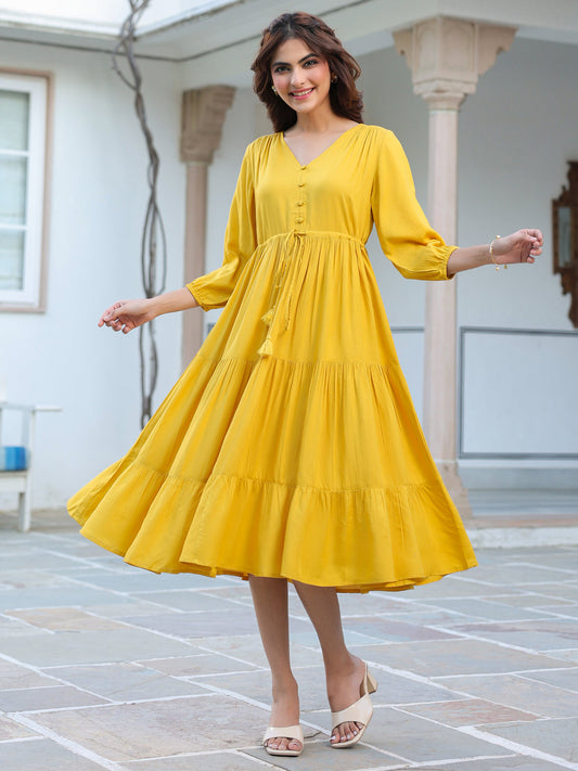 Yellow Rayon Solid Tiered Dress