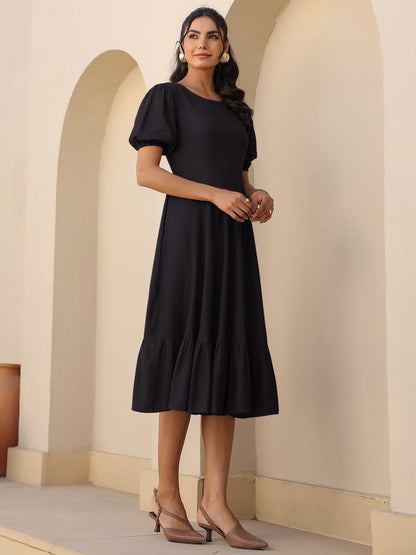 Black Rayon Solid A-line Dress
