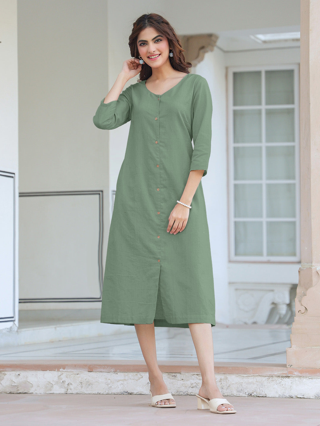 Green Cotton Solid Straight Dress