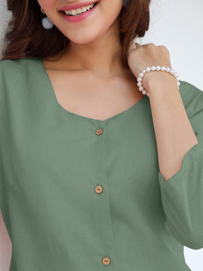 Green Cotton Solid Straight Dress