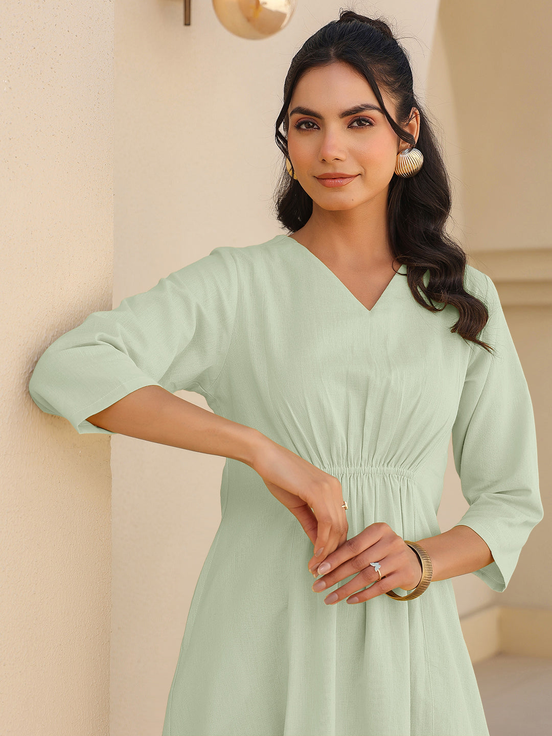 Mint Green Cotton Solid A-line Dress
