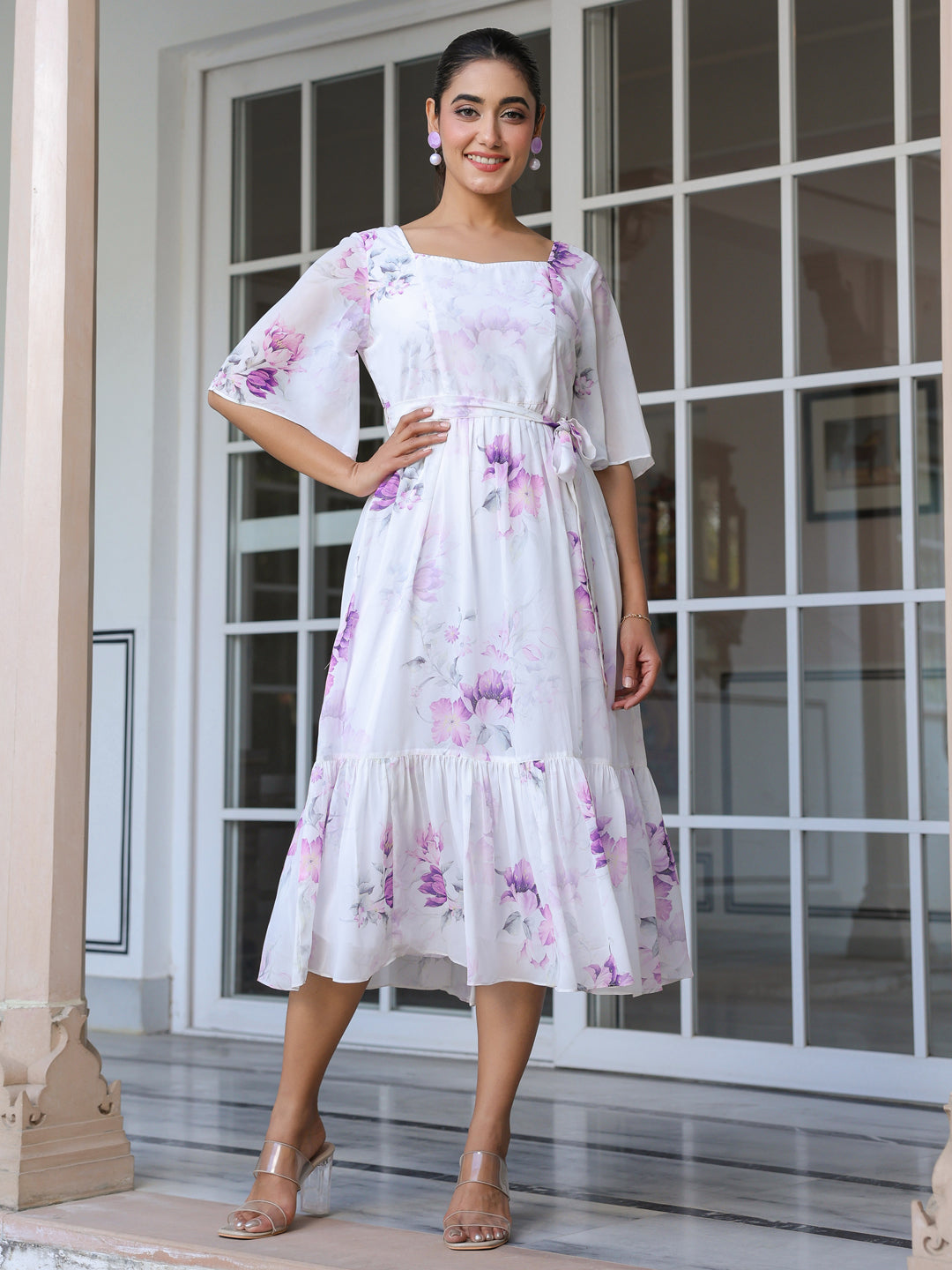 White Georgette Floral Printed Fit & Flare Dress