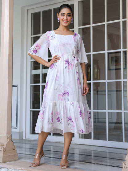 White Georgette Floral Printed Fit & Flare Dress