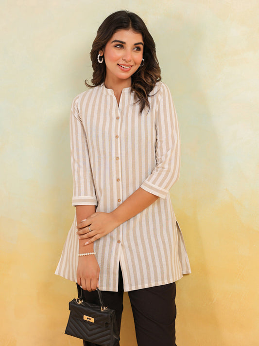 Women's Beige Cotton Striped Straight Short Kurti