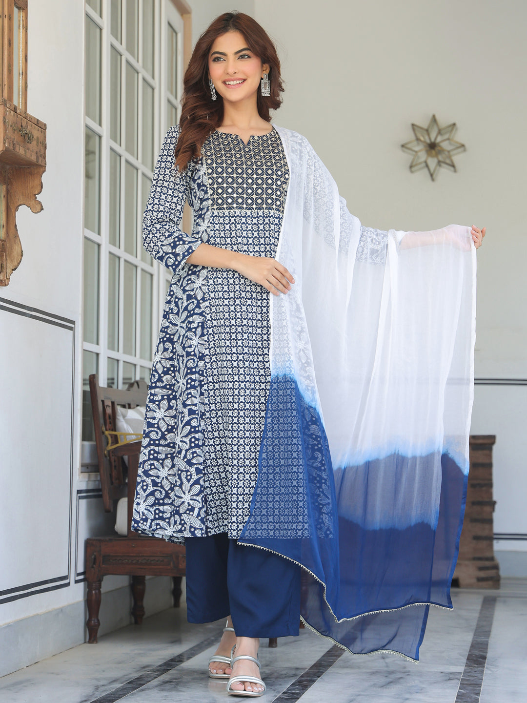 Navy Blue Rayon Floral Printed With Mirror Work A-line Kurta Set