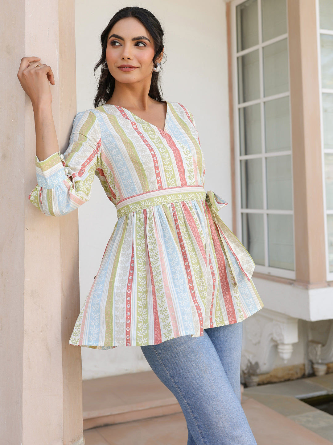 Off White Pure Cotton Floral Printed Peplum Top