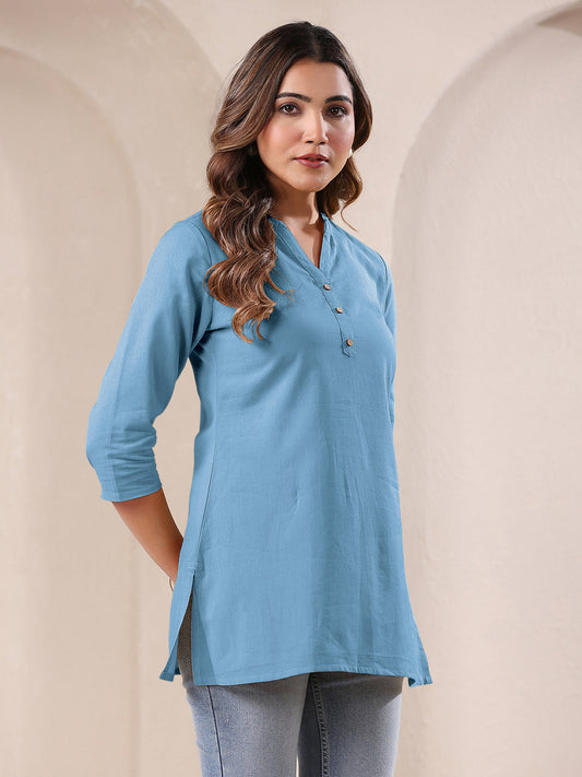 Light Blue Cotton Solid A-line Top