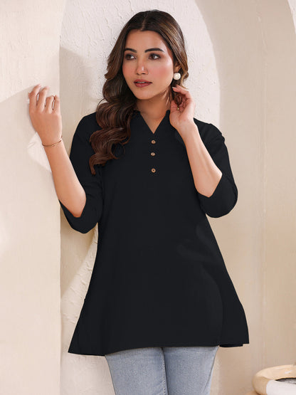 Black Cotton Solid A-line Top