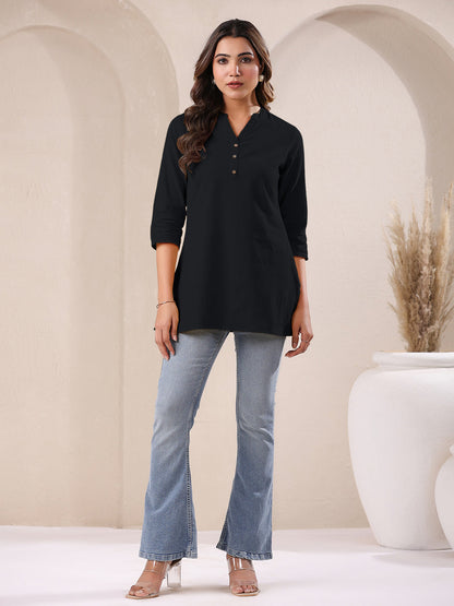 Black Cotton Solid A-line Top