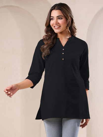 Black Cotton Solid A-line Top