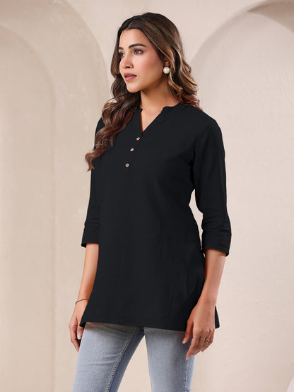 Black Cotton Solid A-line Top