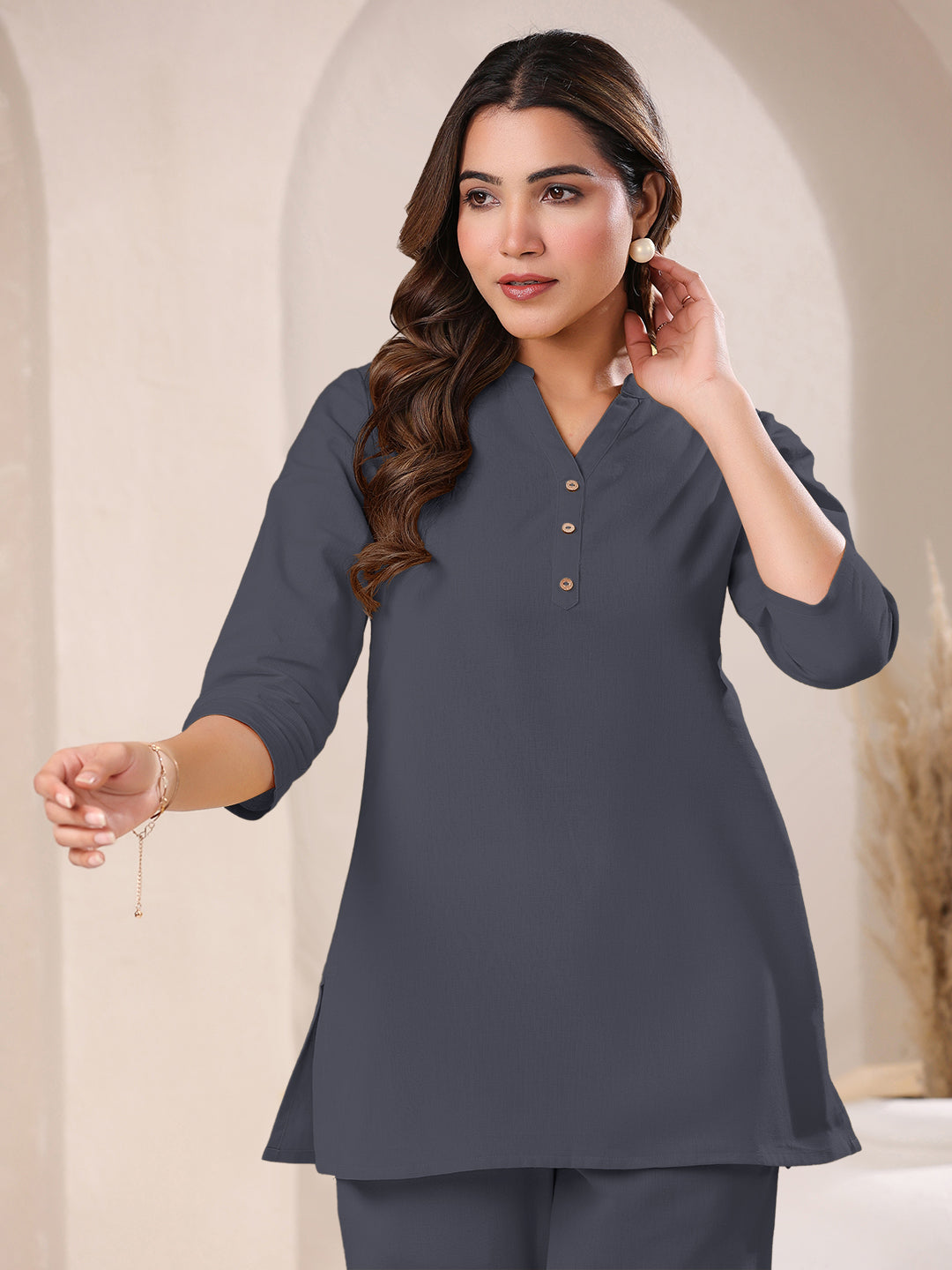 Grey Cotton Solid A-line Top