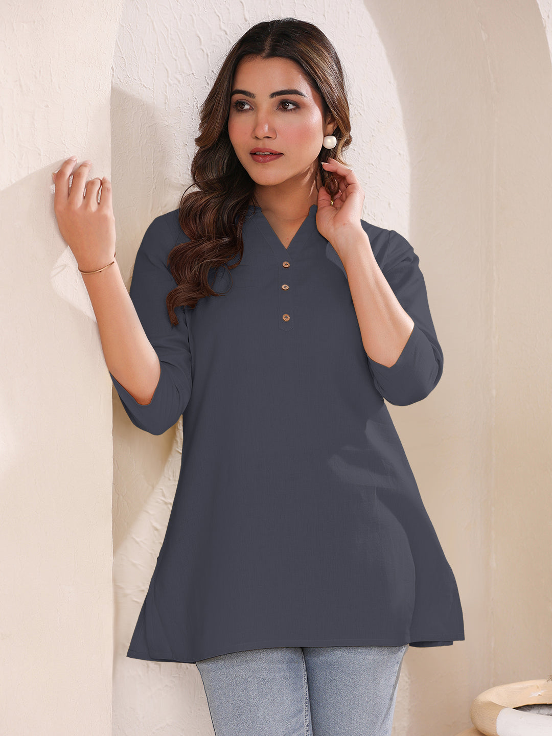 Grey Cotton Solid A-line Top