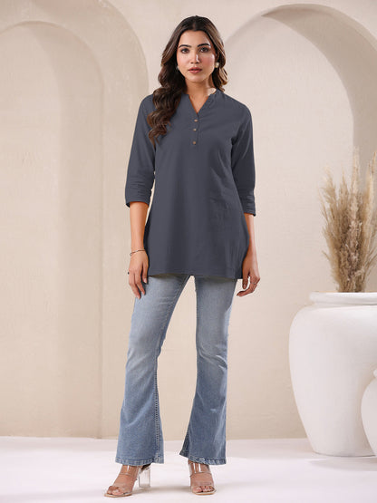 Grey Cotton Solid A-line Top