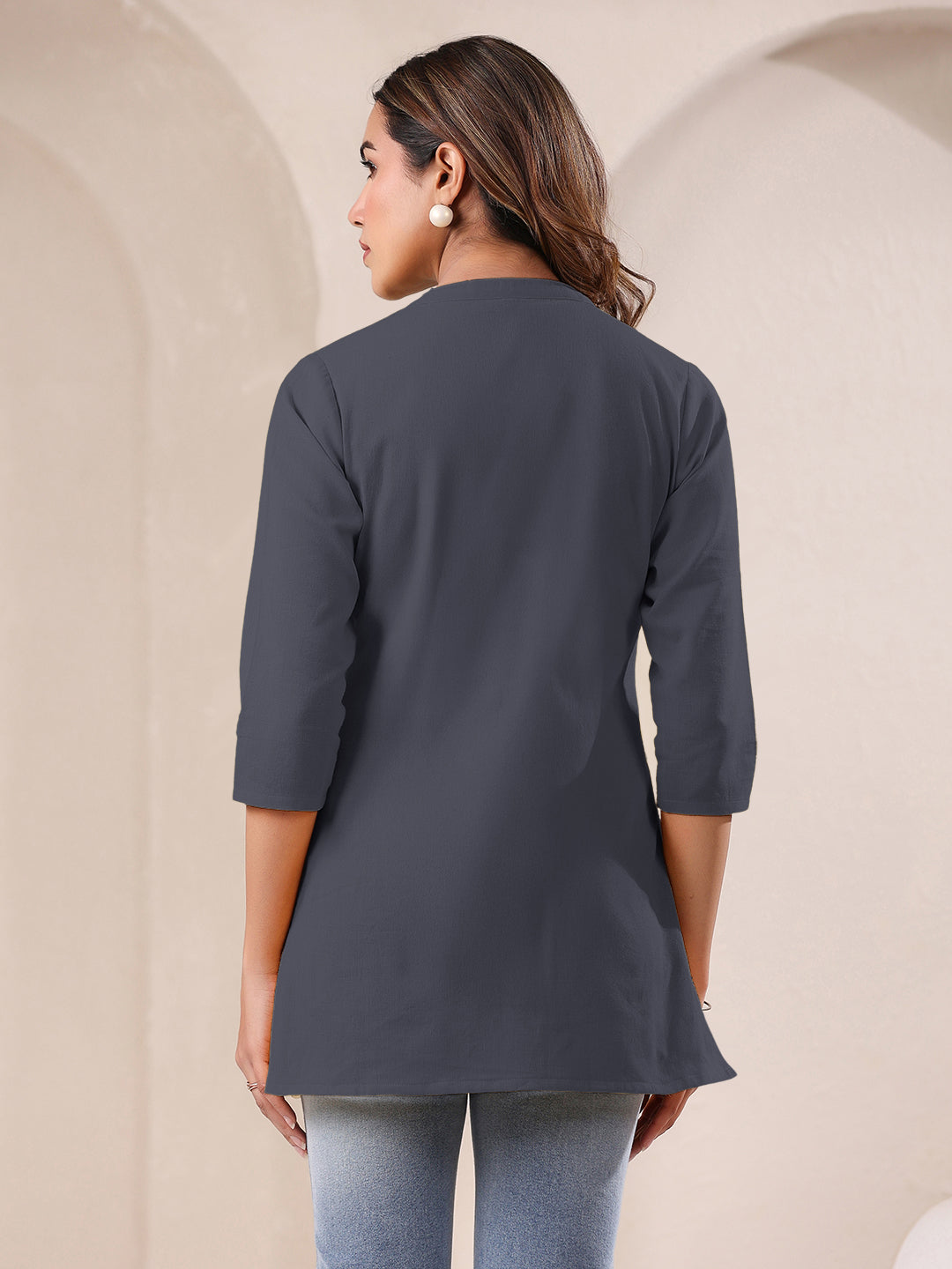 Grey Cotton Solid A-line Top