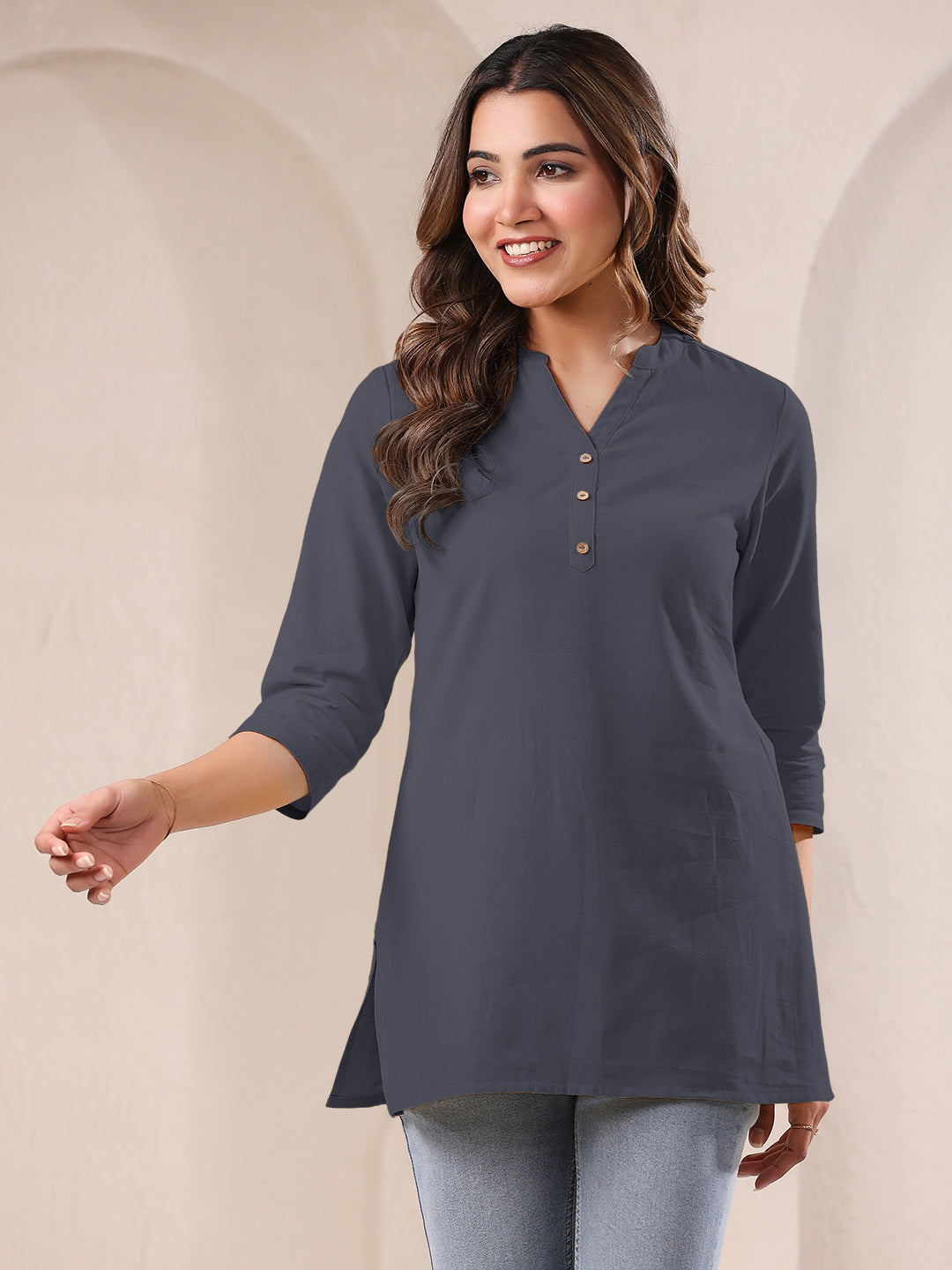 Grey Cotton Solid A-line Top