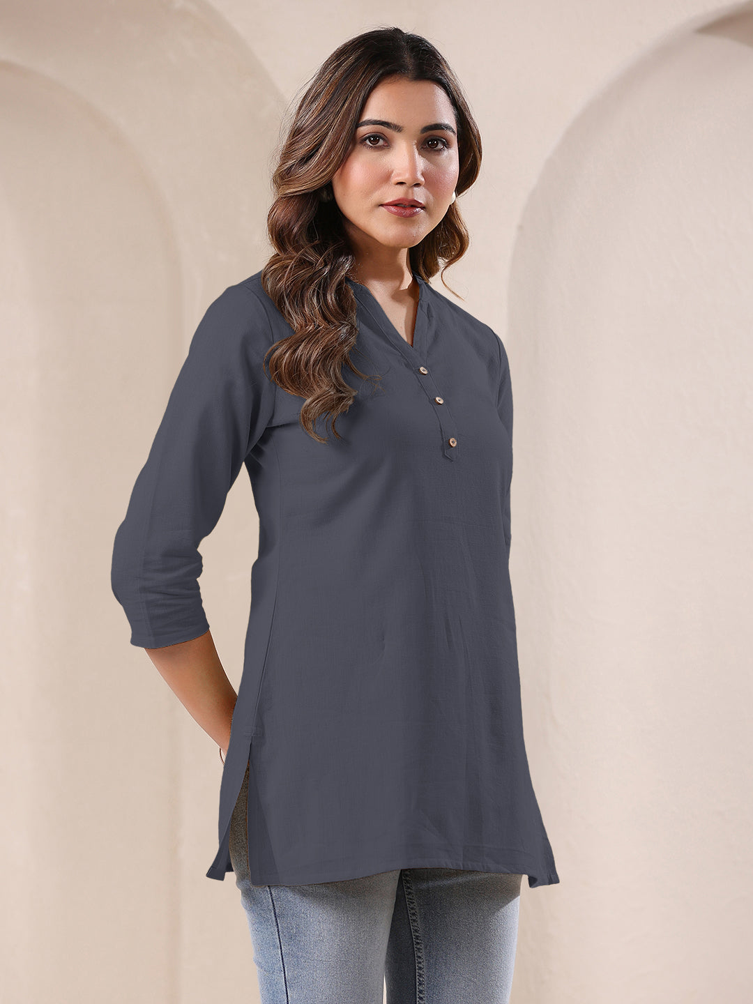 Grey Cotton Solid A-line Top