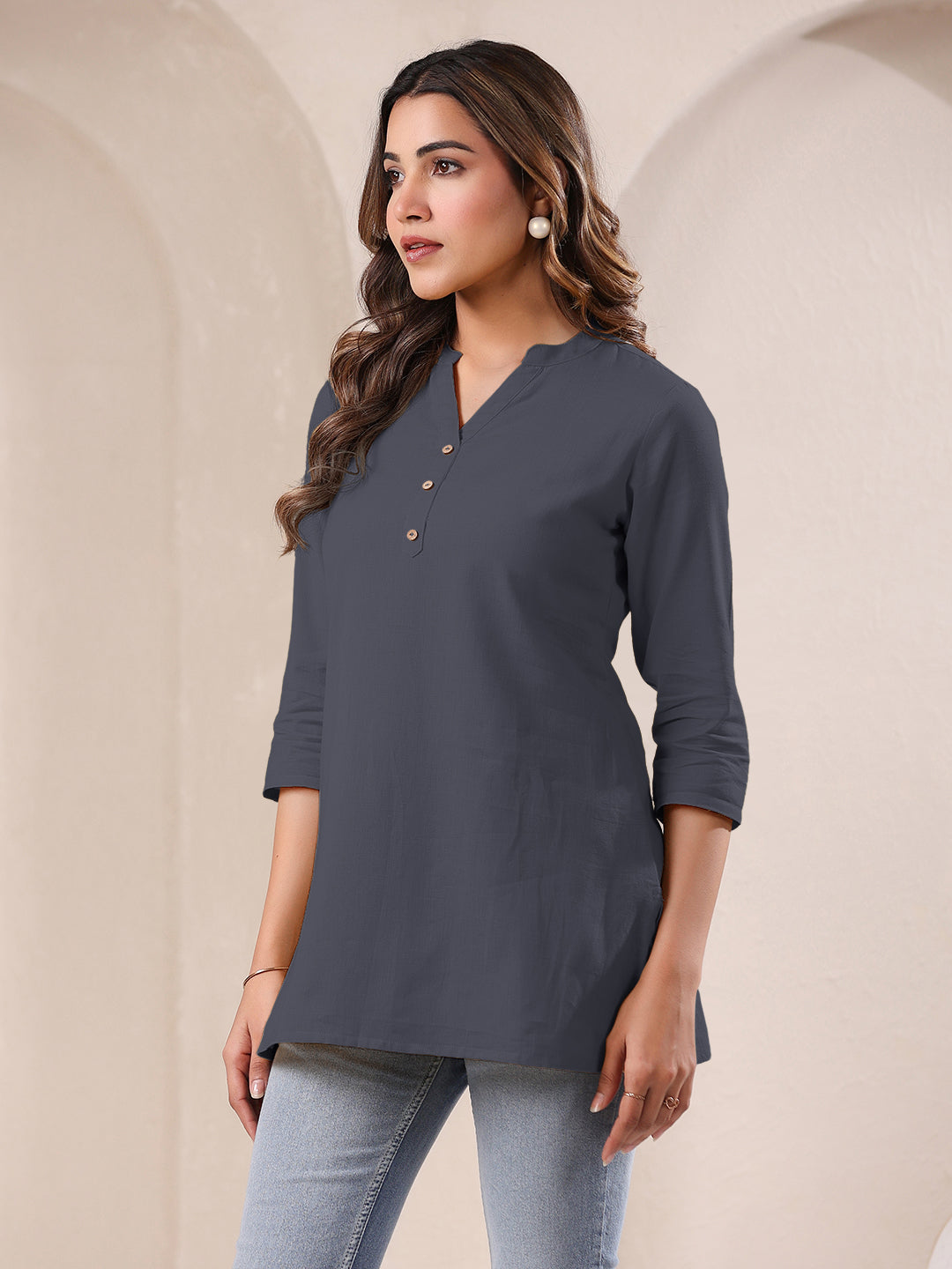 Grey Cotton Solid A-line Top