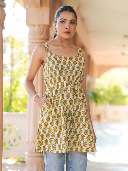 Cream Pure Cotton Floral Printed A-line Tunic