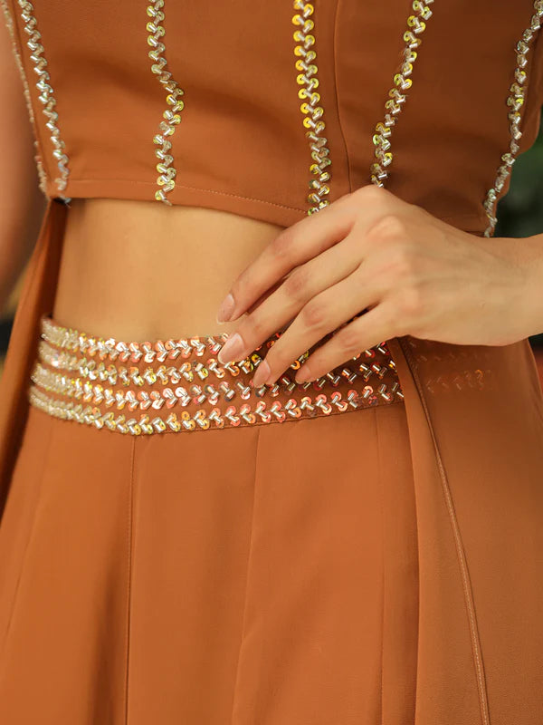 Brown Georgette Embellished Flared Co-Ord Set