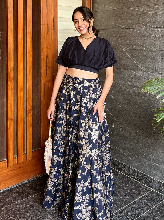 Navy Blue Silk Blend Brocade Panelled Lehenga Choli Set