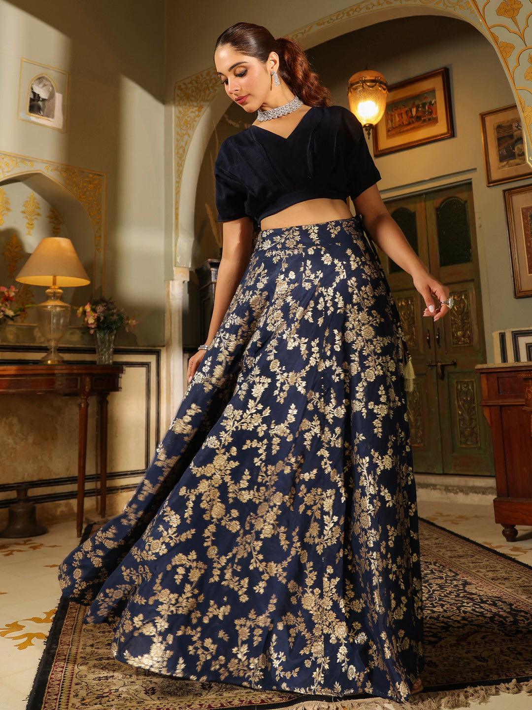 Navy Blue Silk Blend Brocade Panelled Lehenga Choli Set