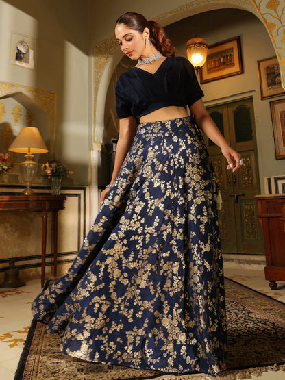 Navy Blue Silk Blend Brocade Panelled Lehenga Choli Set